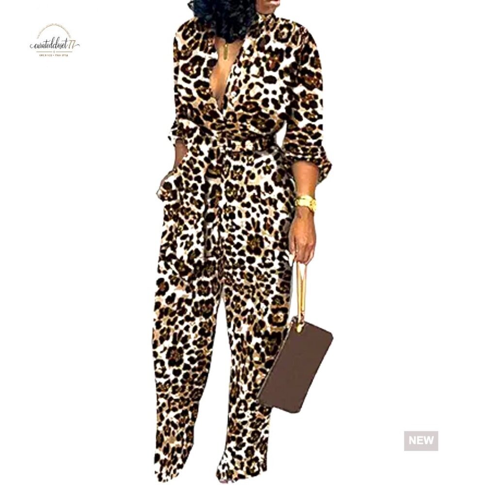 Long Sleeve Jumpsuit with Belt Pockets Formal Business Party Wear